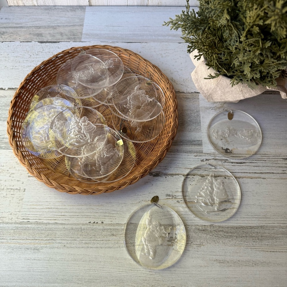 Vintage 1977 Etched Clear Acrylic Round Christmas Ornaments (set of 21) Amsun